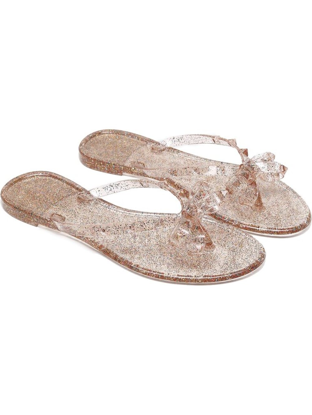 Women Gold Thong Open Toe Jelly Bow Stud Slip On Studded Slide Flat Sandal Shoes